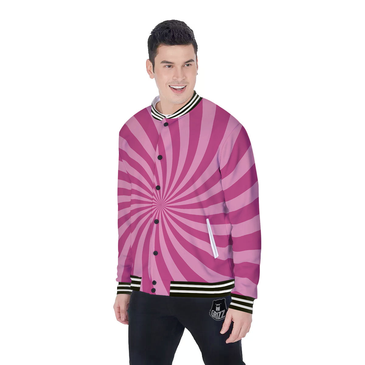 Psychedelic Swirl Pink Print Baseball Jacket-grizzshop