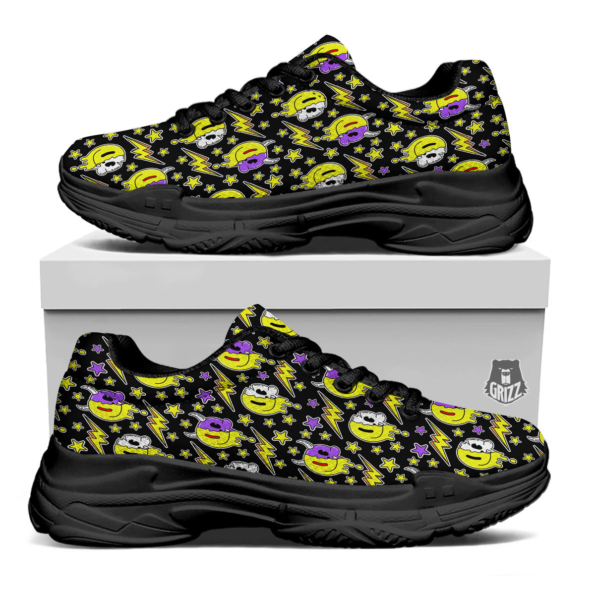 Psychedelic Trippy Acid Emoji Print Pattern Black Chunky Shoes-grizzshop