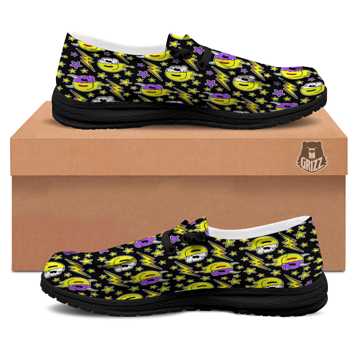 Psychedelic Trippy Acid Emoji Print Pattern Black Loafers-grizzshop