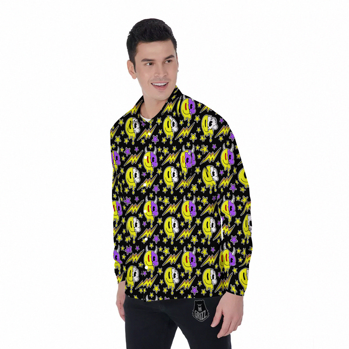 Psychedelic Trippy Acid Emoji Print Pattern Men's Long Sleeve Shirts-grizzshop