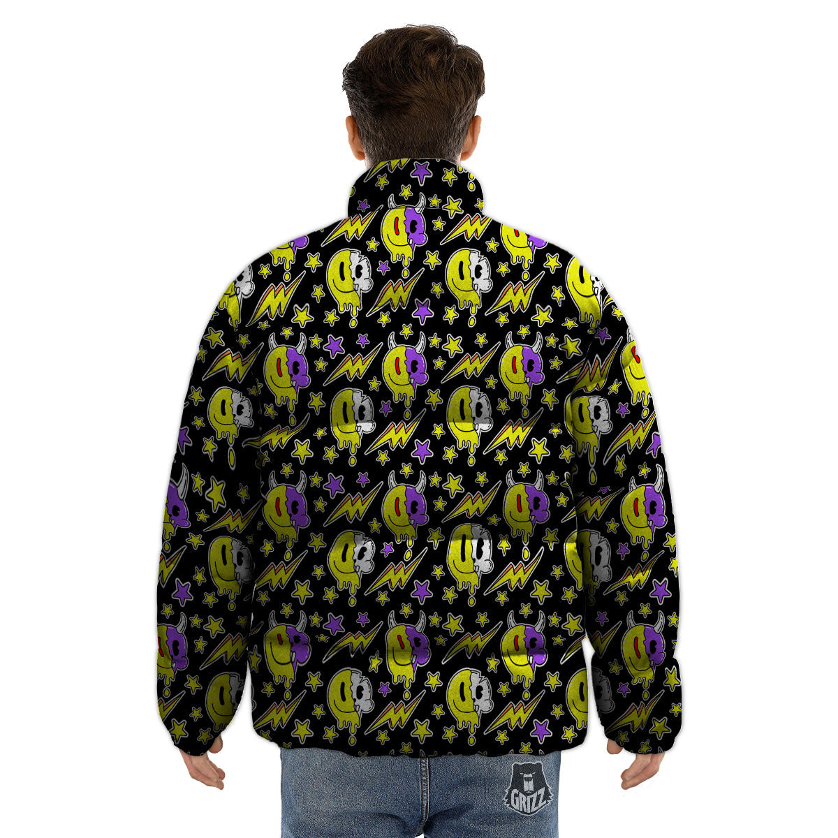 Psychedelic Trippy Acid Emoji Print Pattern Puffer Jacket-grizzshop