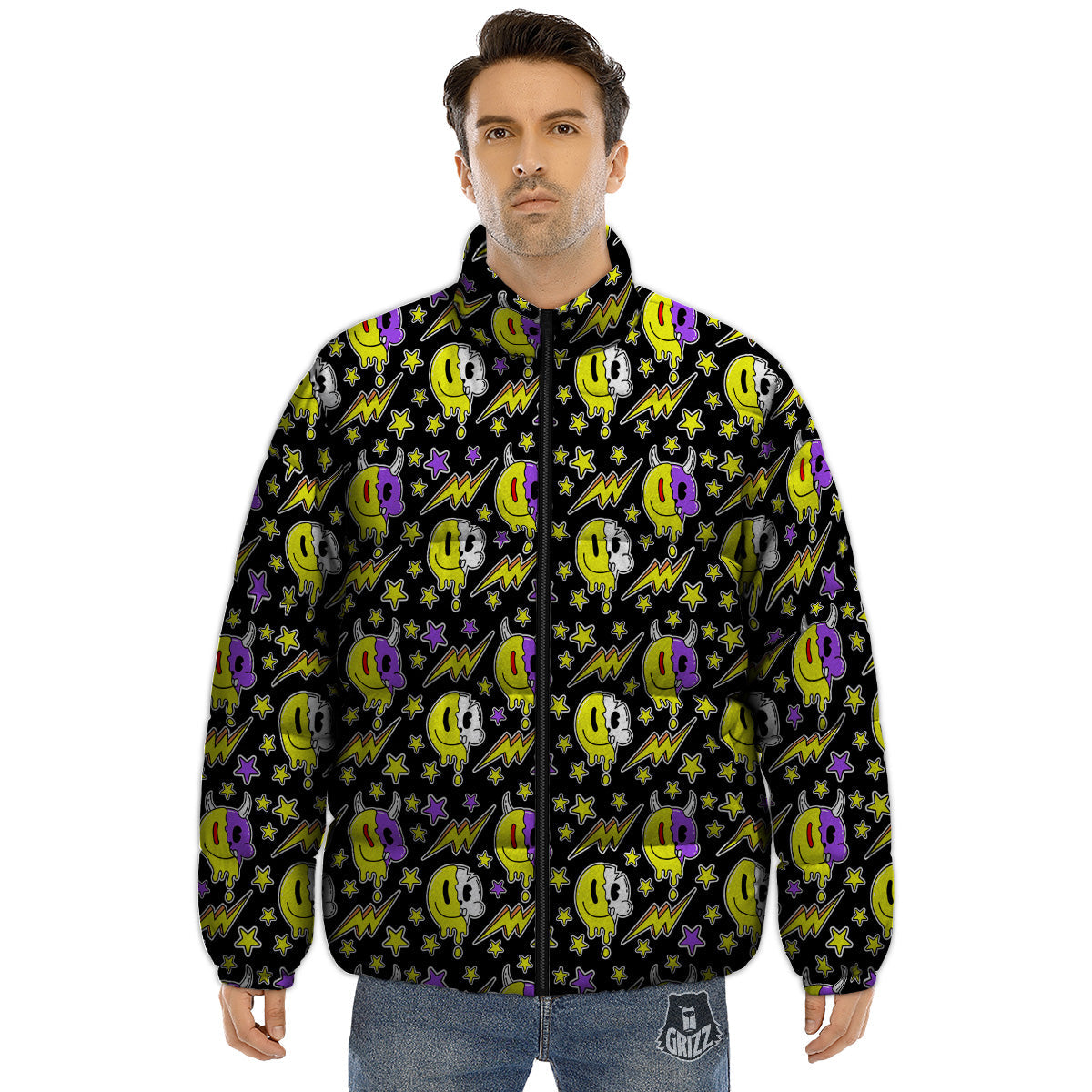 Psychedelic Trippy Acid Emoji Print Pattern Puffer Jacket-grizzshop