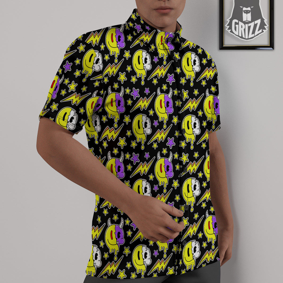 Psychedelic Trippy Acid Emoji Print Pattern Untucked Shirts-grizzshop