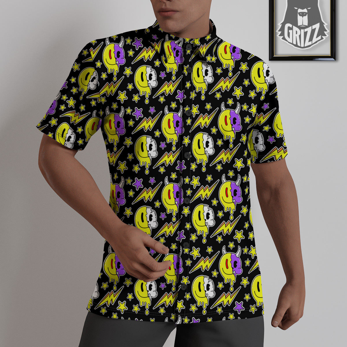 Psychedelic Trippy Acid Emoji Print Pattern Untucked Shirts-grizzshop