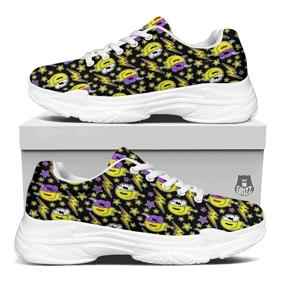 Psychedelic Trippy Acid Emoji Print Pattern White Chunky Shoes-grizzshop