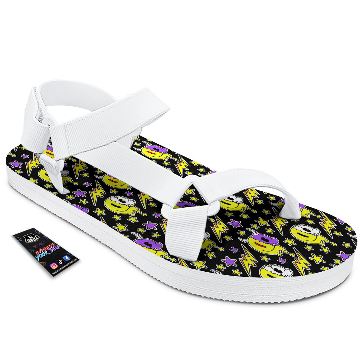Psychedelic Trippy Acid Emoji Print Pattern White Open Toe Sandals-grizzshop
