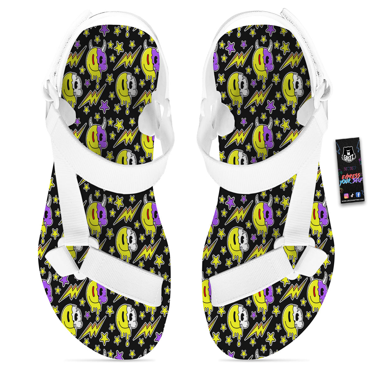 Psychedelic Trippy Acid Emoji Print Pattern White Open Toe Sandals-grizzshop