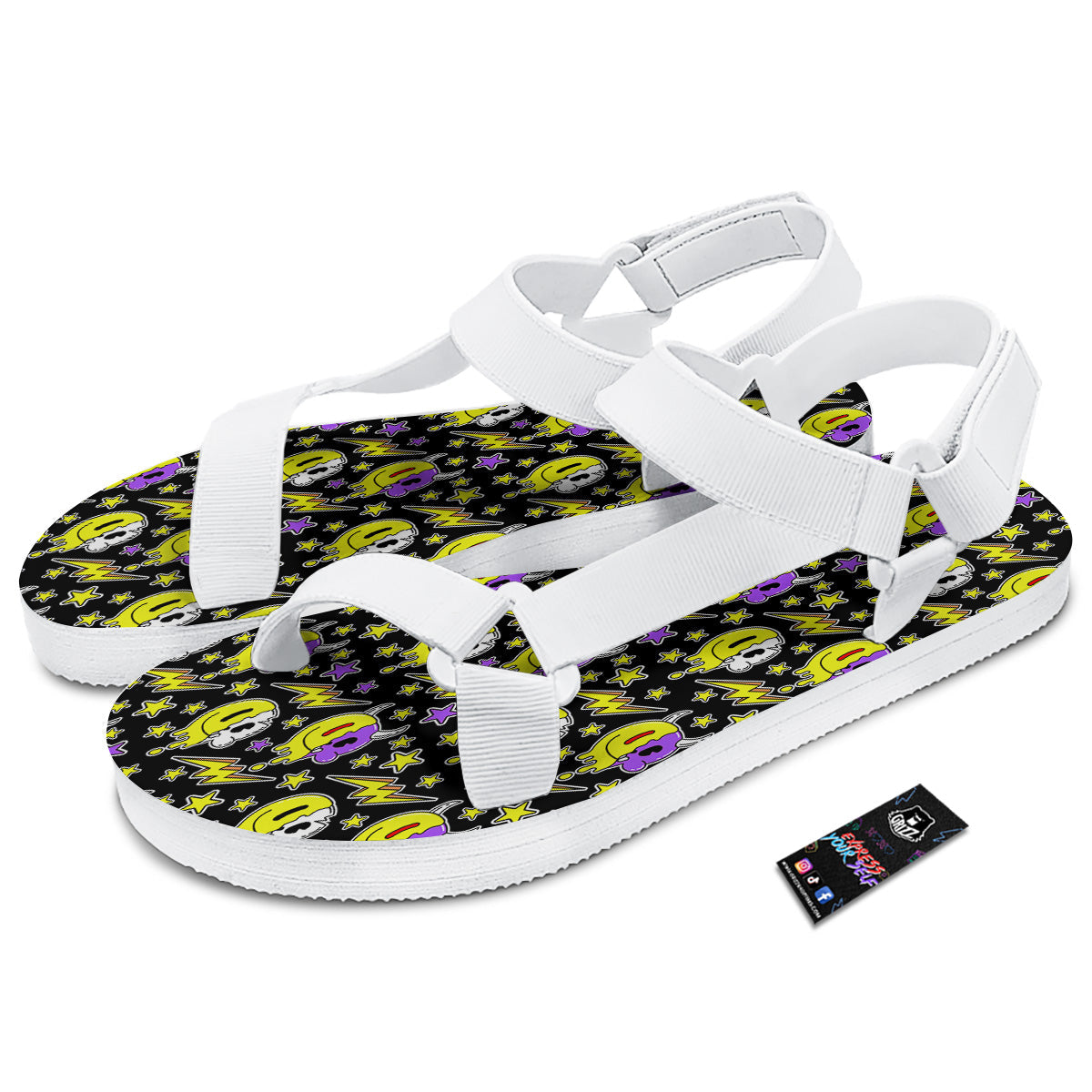 Psychedelic Trippy Acid Emoji Print Pattern White Open Toe Sandals-grizzshop