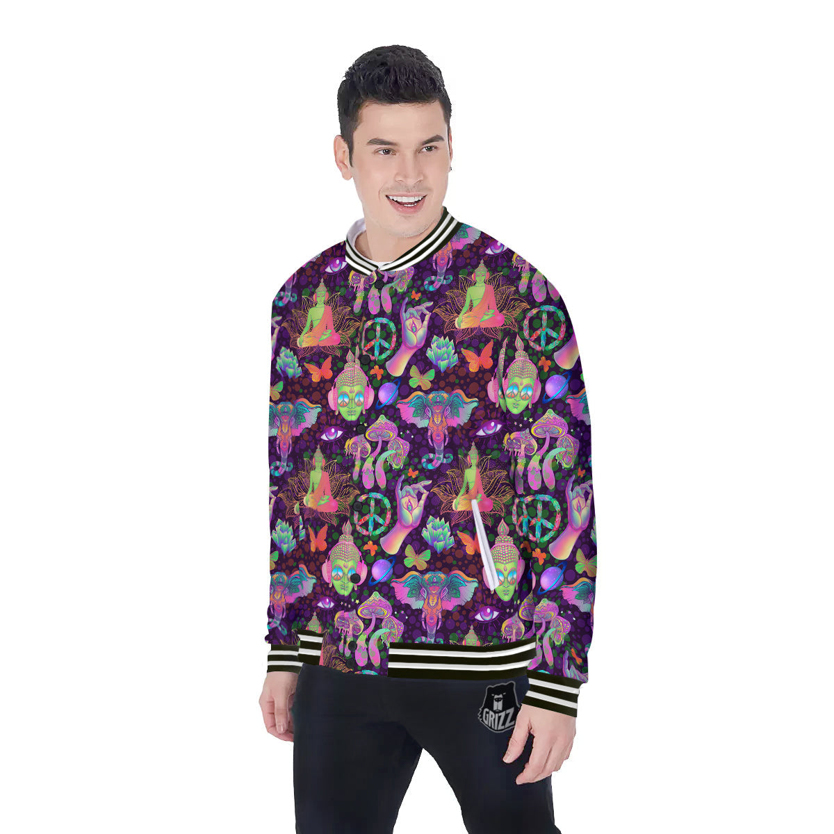 Psychedelic Trippy Drug Cartoon Print Pattern Baseball Jacket-grizzshop