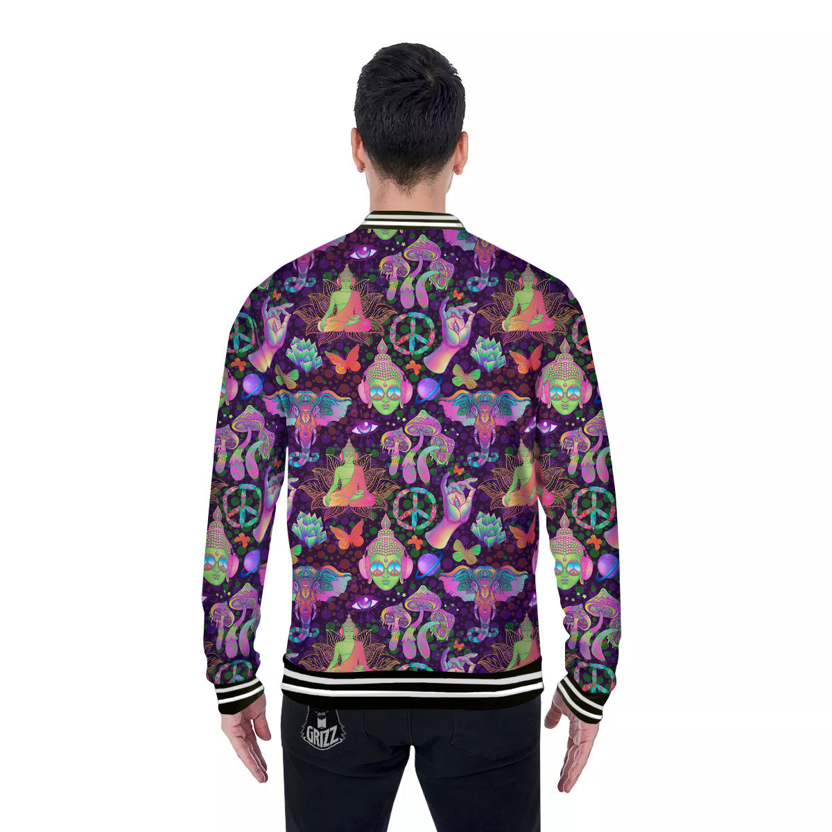 Psychedelic Trippy Drug Cartoon Print Pattern Baseball Jacket-grizzshop