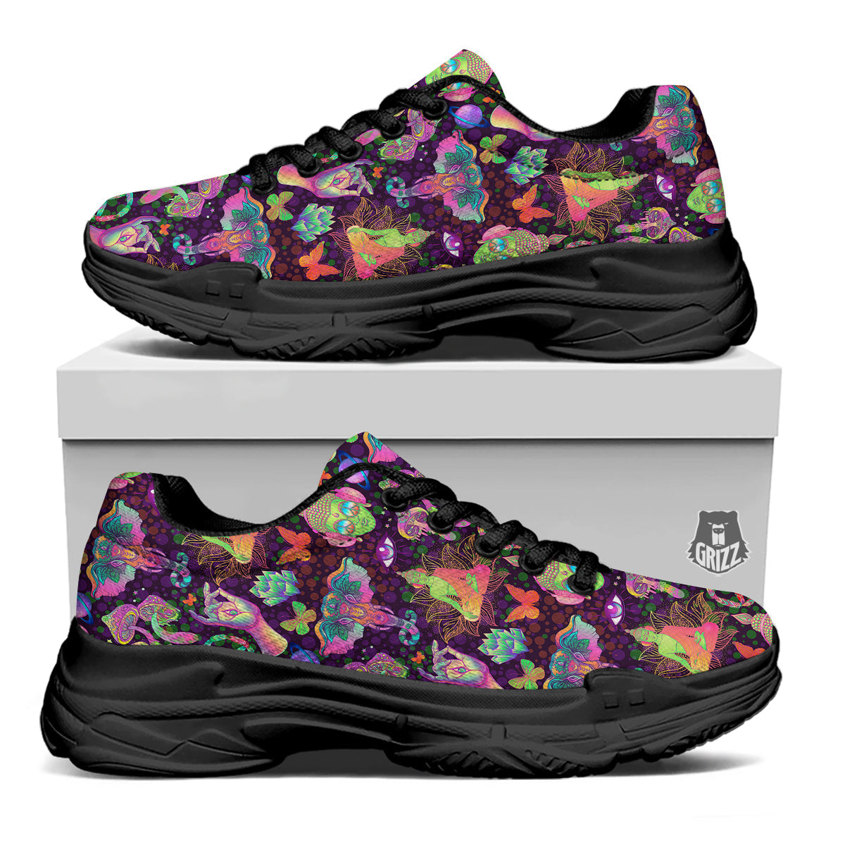 Psychedelic Trippy Drug Cartoon Print Pattern Black Chunky Shoes-grizzshop
