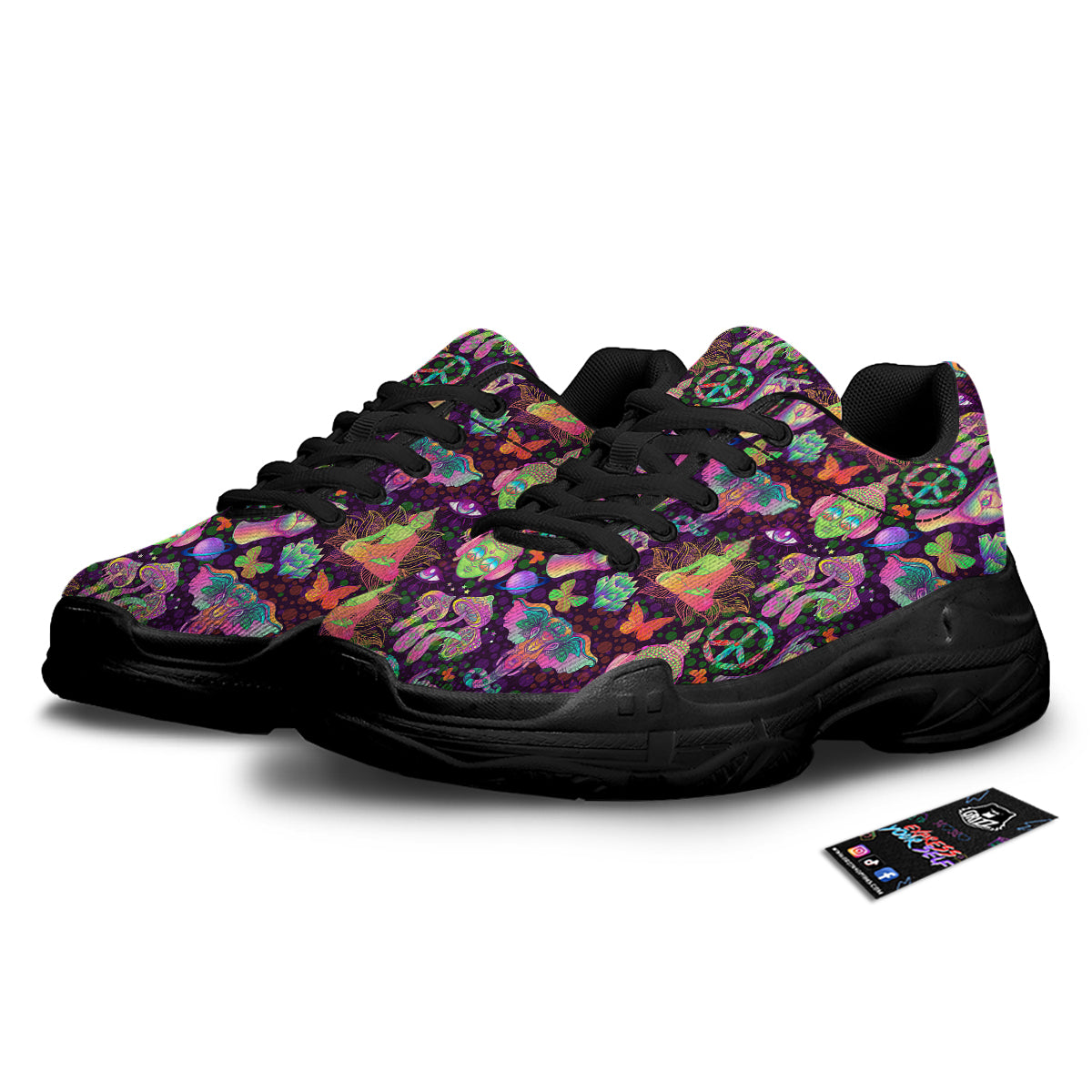Psychedelic Trippy Drug Cartoon Print Pattern Black Chunky Shoes-grizzshop