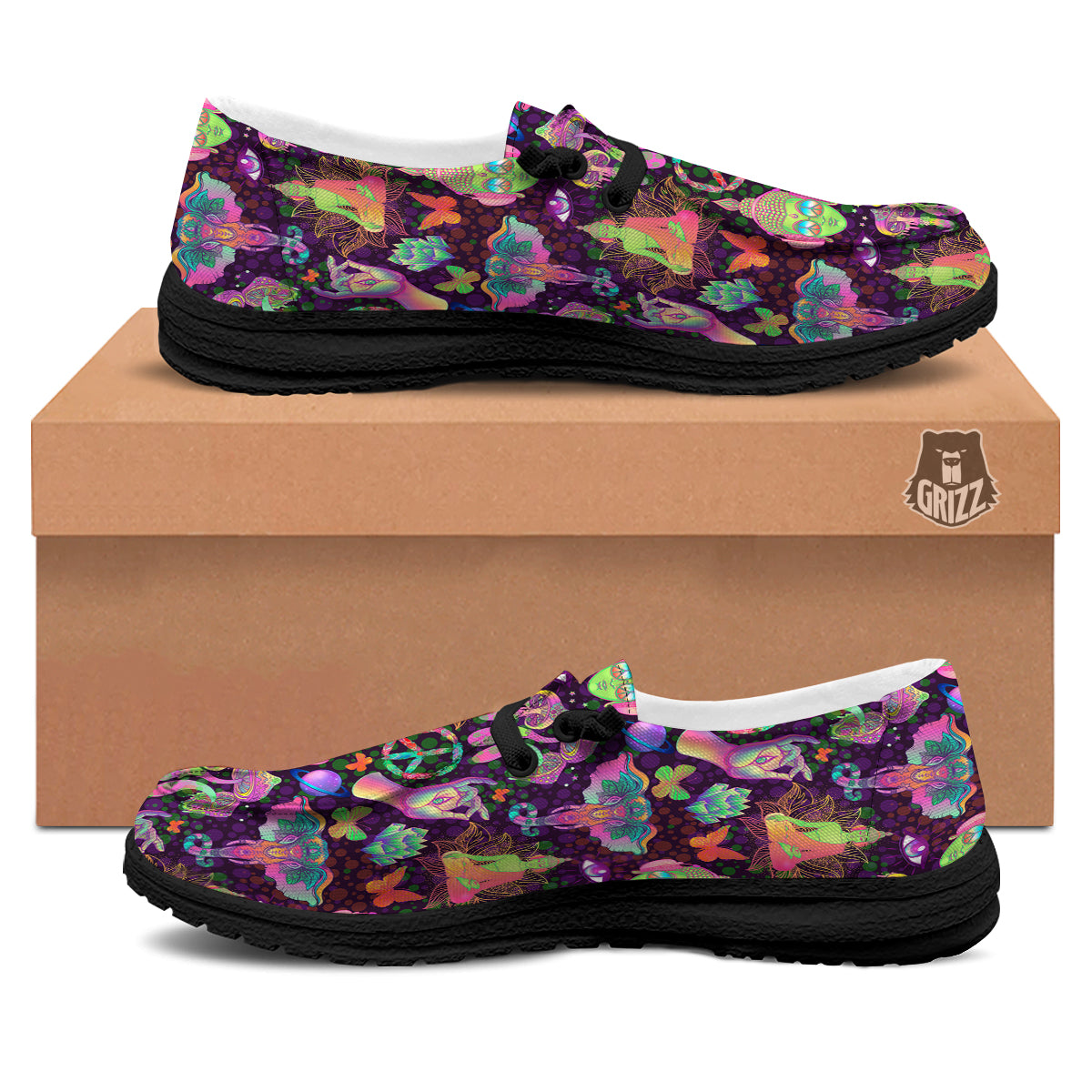 Psychedelic Trippy Drug Cartoon Print Pattern Black Loafers-grizzshop