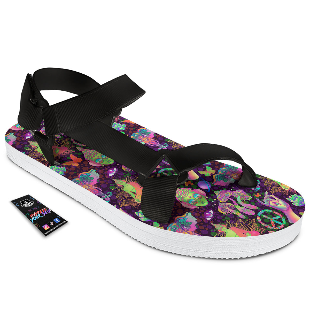 Psychedelic Trippy Drug Cartoon Print Pattern Black Open Toe Sandals-grizzshop