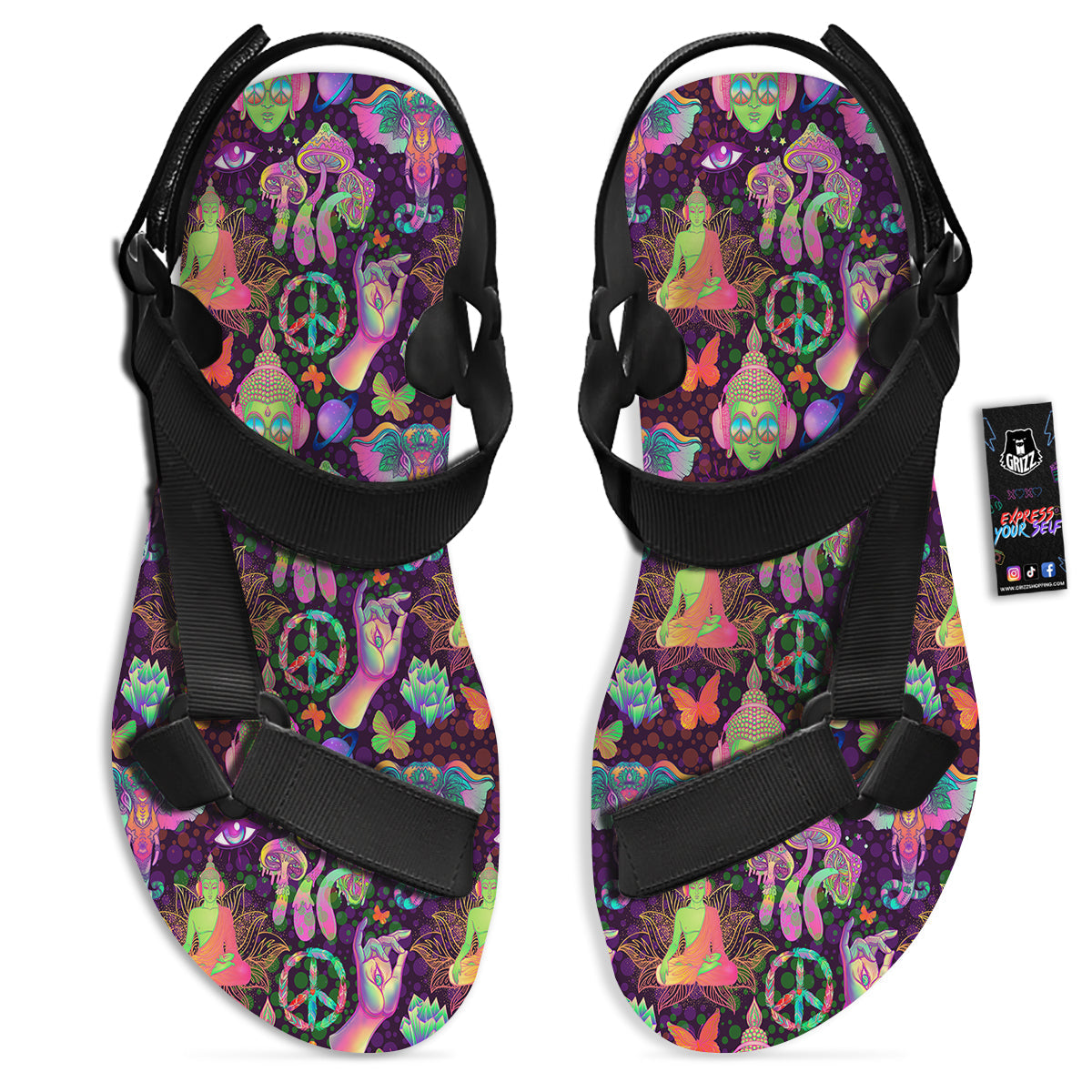 Psychedelic Trippy Drug Cartoon Print Pattern Black Open Toe Sandals-grizzshop