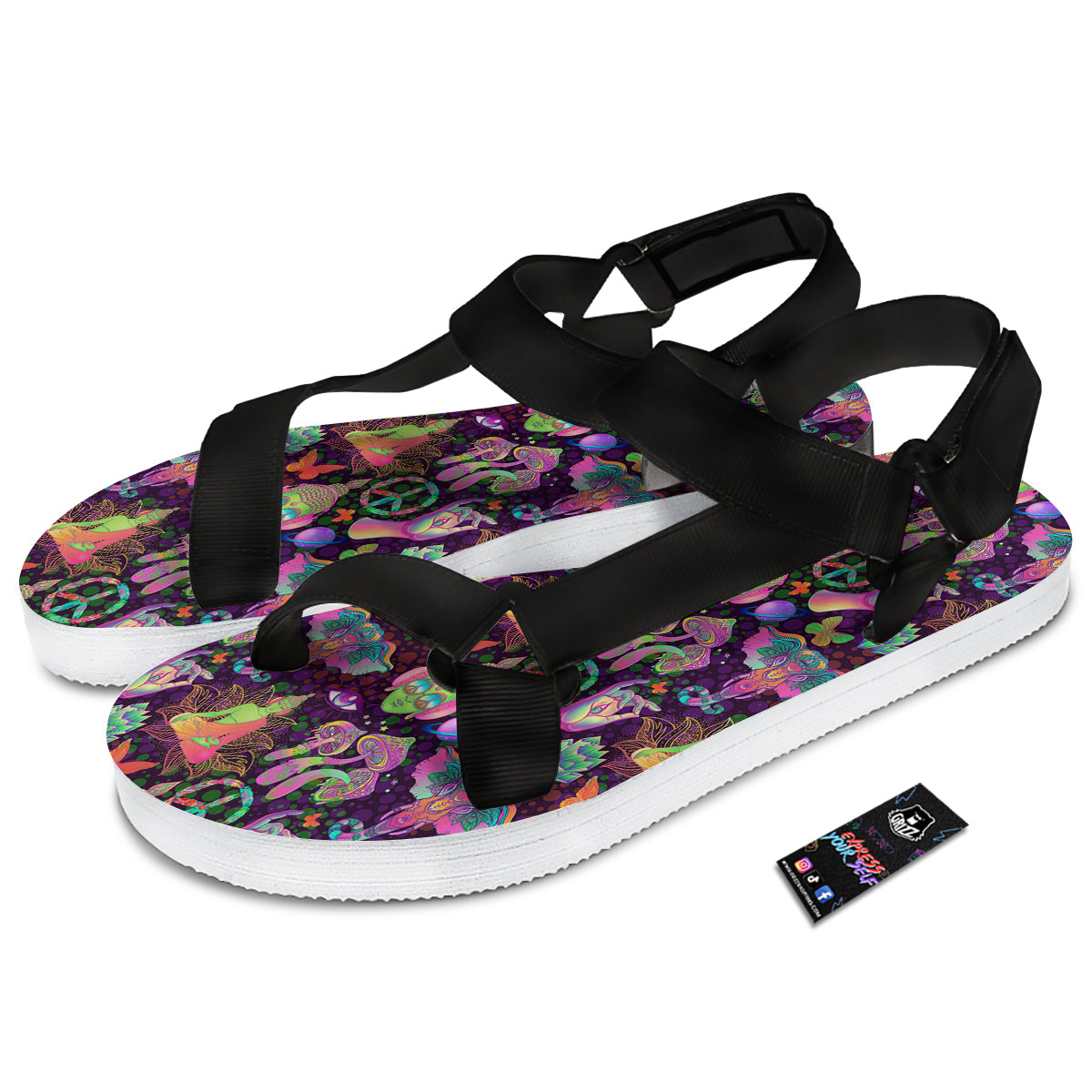 Psychedelic Trippy Drug Cartoon Print Pattern Black Open Toe Sandals-grizzshop