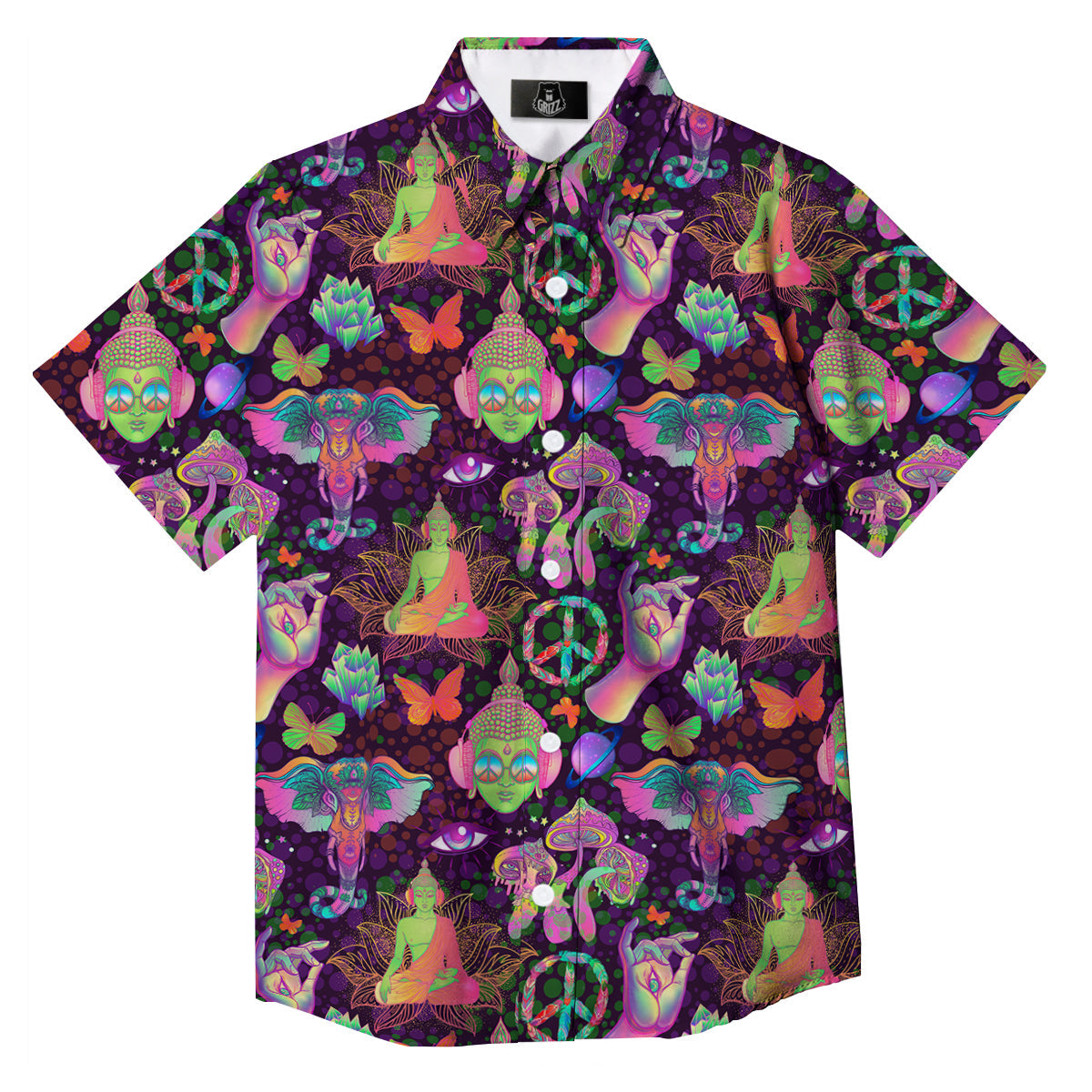 Psychedelic Trippy Drug Cartoon Print Pattern Button Up Shirt-grizzshop