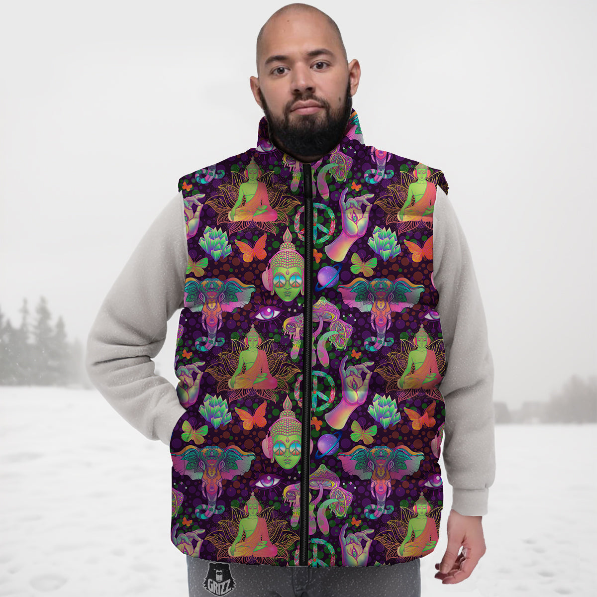 Psychedelic Trippy Drug Cartoon Print Pattern Down Vest