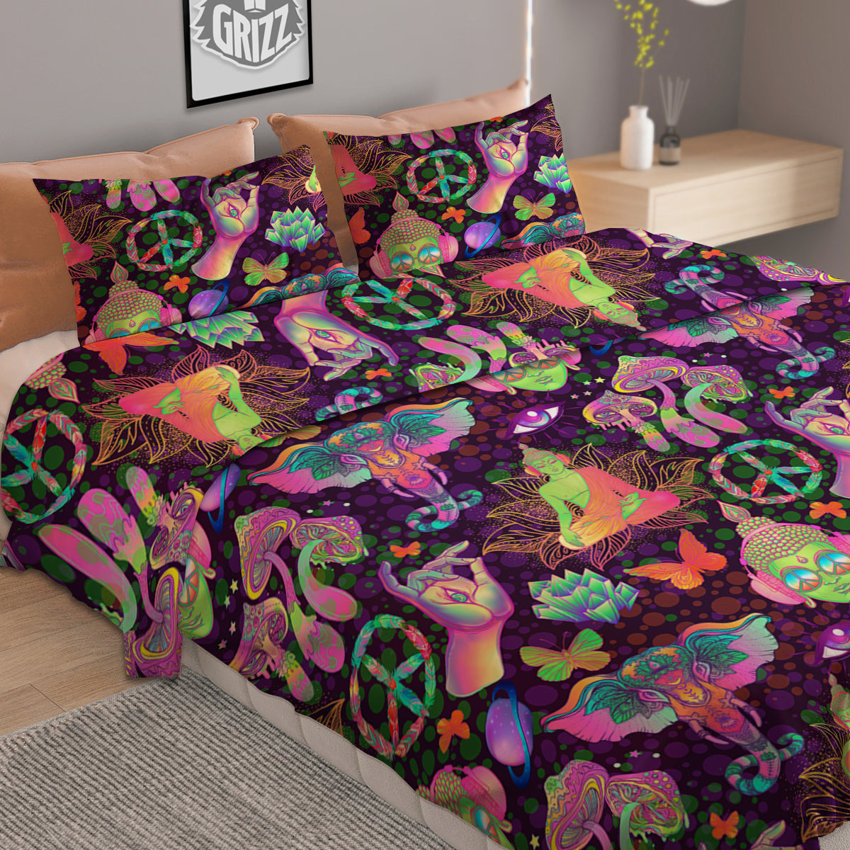 Psychedelic Trippy Drug Cartoon Print Pattern Duvet Cover Bedding Set