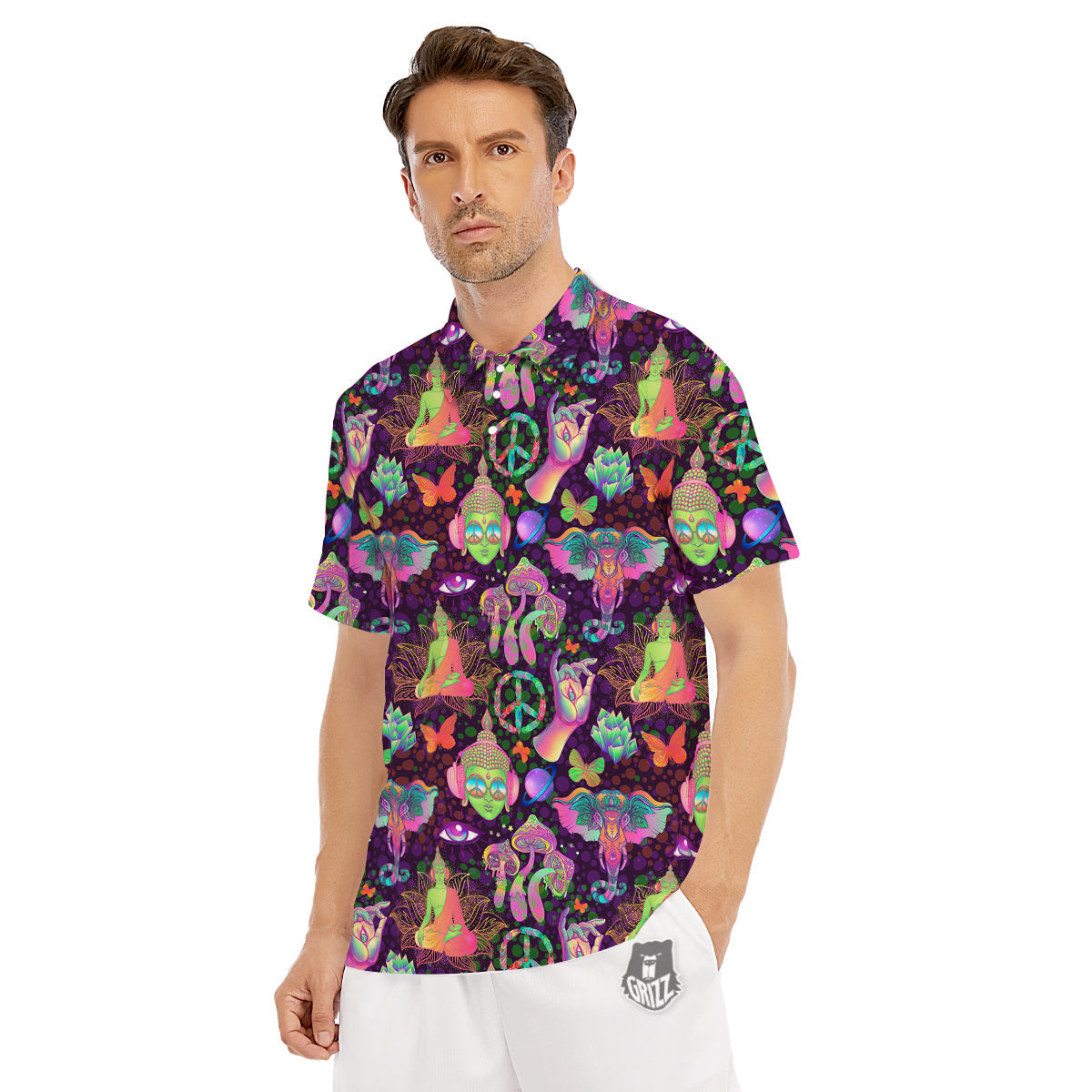 Psychedelic Trippy Drug Cartoon Print Pattern Men's Golf Shirts-grizzshop