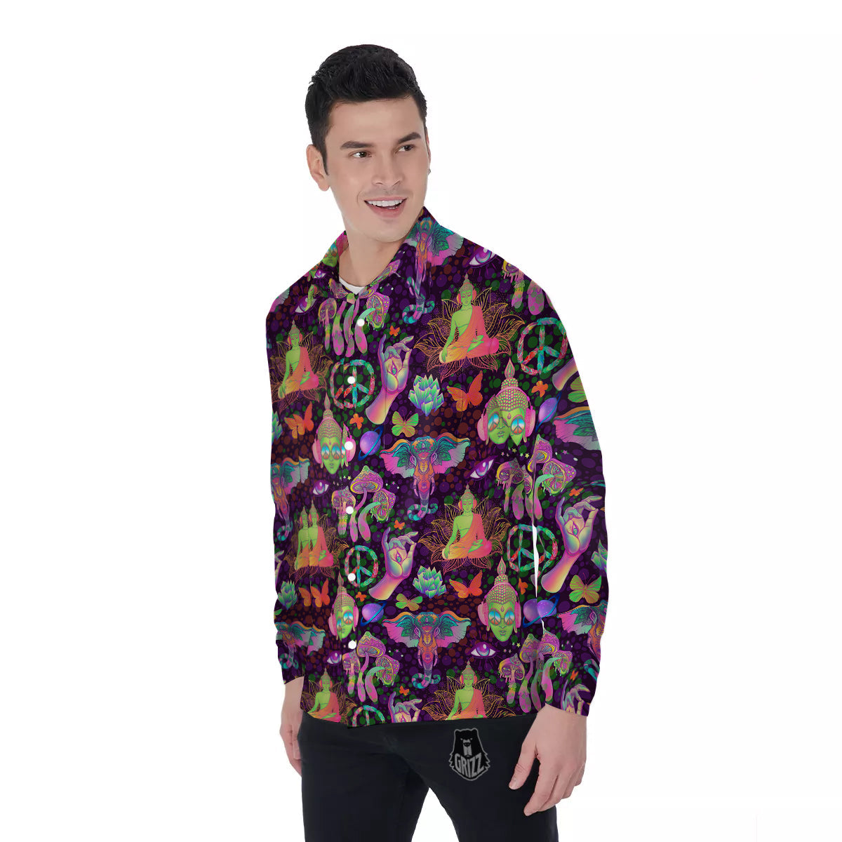 Psychedelic Trippy Drug Cartoon Print Pattern Men's Long Sleeve Shirts-grizzshop