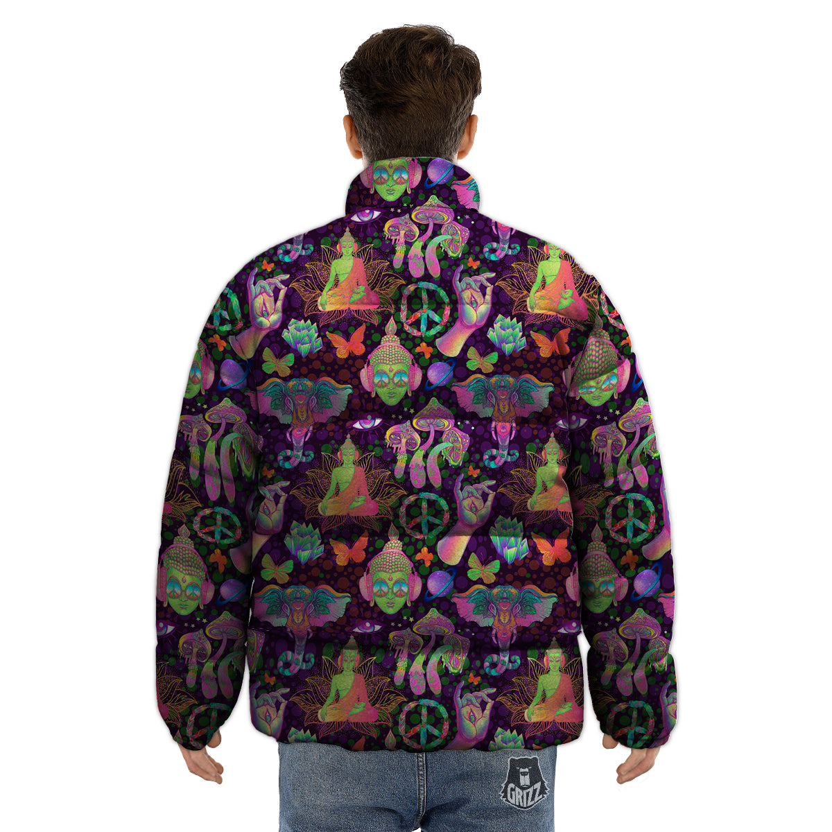 Psychedelic Trippy Drug Cartoon Print Pattern Puffer Jacket-grizzshop