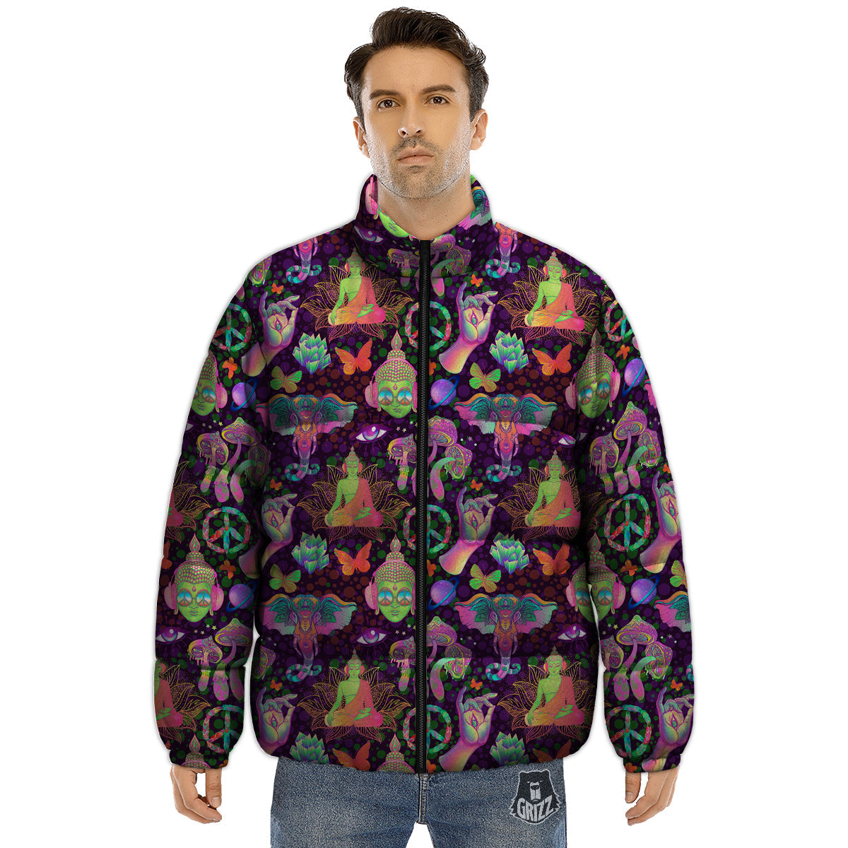 Psychedelic Trippy Drug Cartoon Print Pattern Puffer Jacket-grizzshop