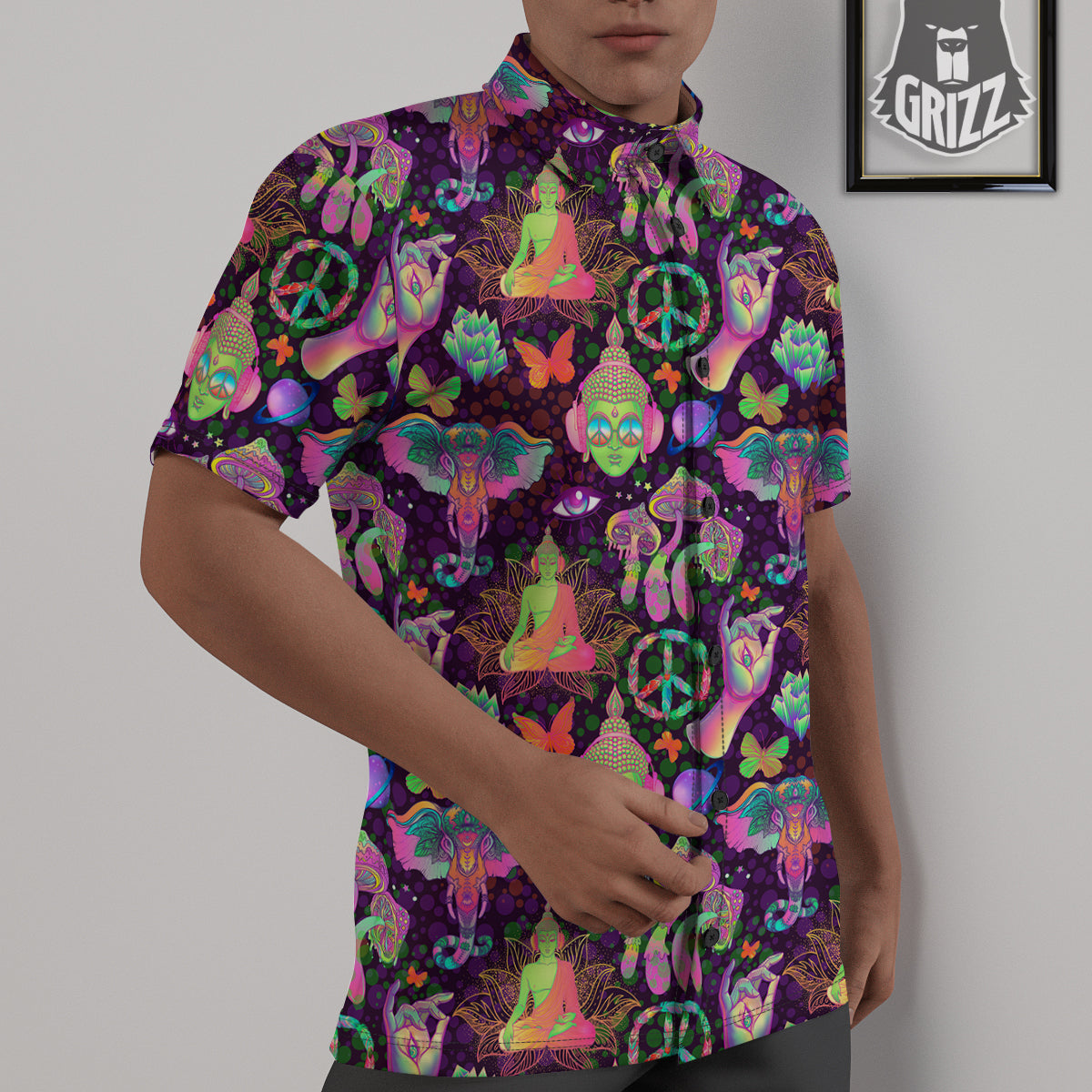 Psychedelic Trippy Drug Cartoon Print Pattern Untucked Shirts-grizzshop