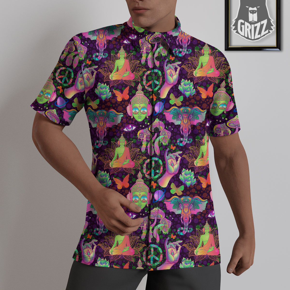 Psychedelic Trippy Drug Cartoon Print Pattern Untucked Shirts-grizzshop
