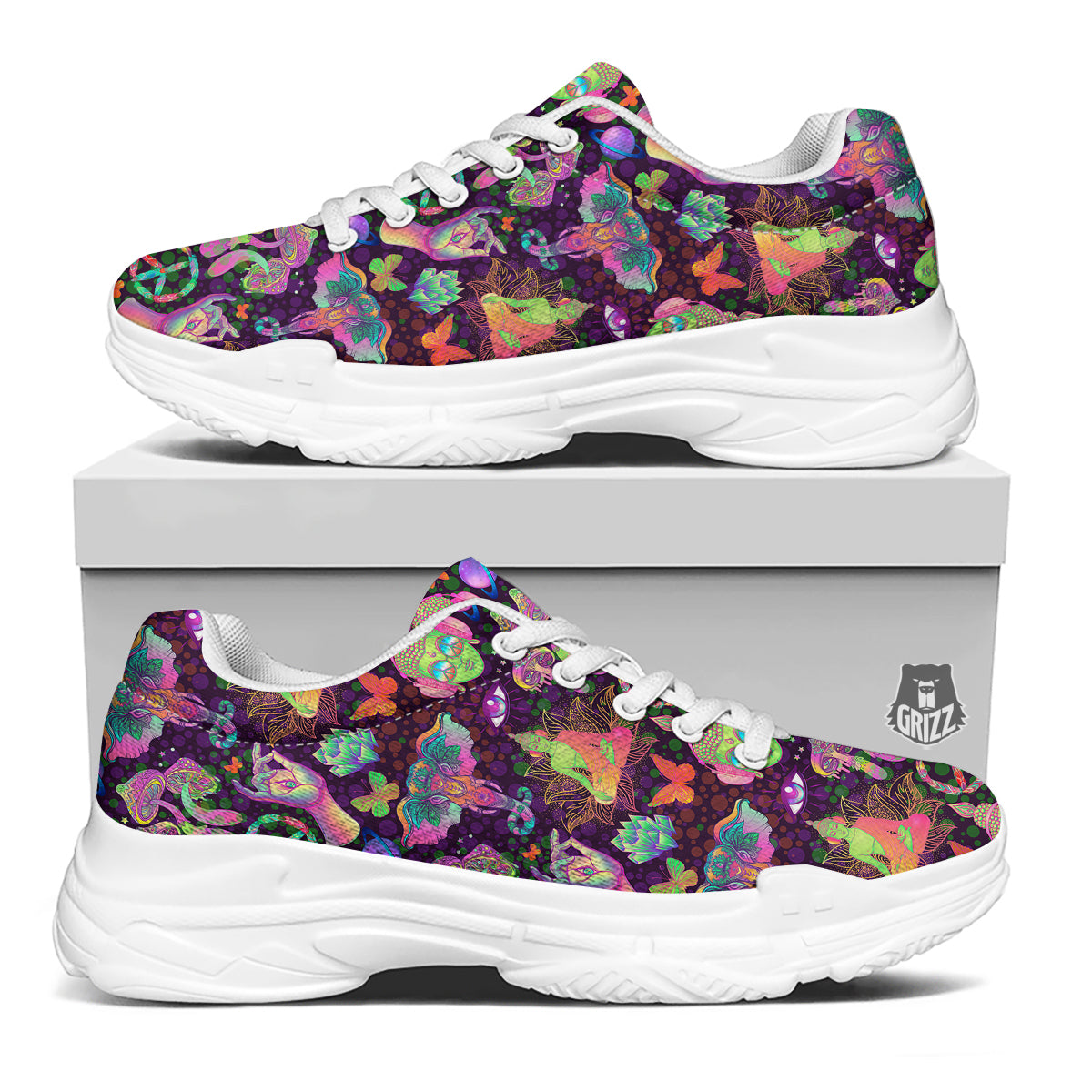 Psychedelic Trippy Drug Cartoon Print Pattern White Chunky Shoes-grizzshop