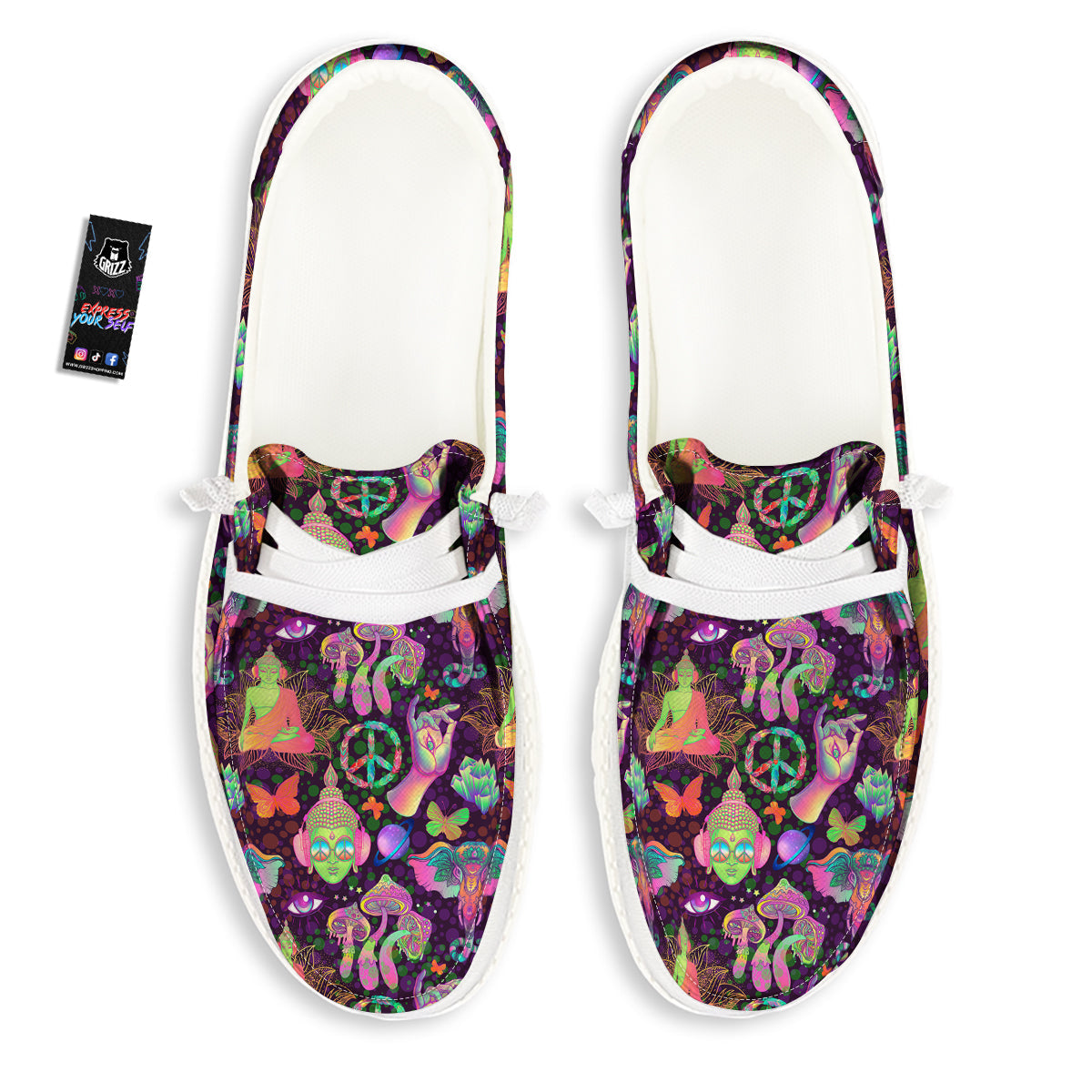 Psychedelic Trippy Drug Cartoon Print Pattern White Loafers-grizzshop