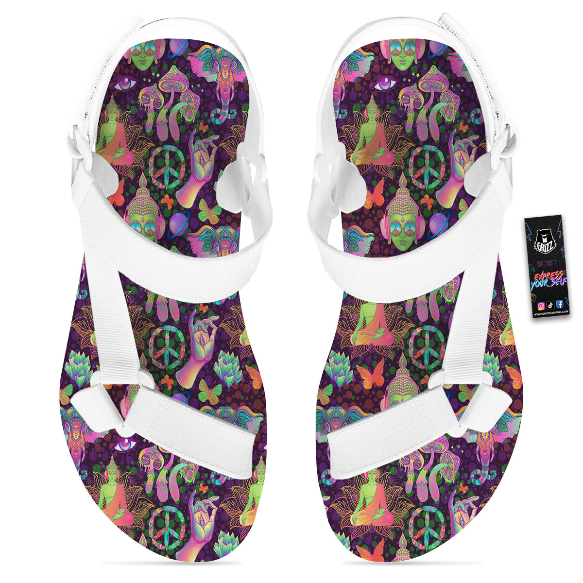 Psychedelic Trippy Drug Cartoon Print Pattern White Open Toe Sandals-grizzshop