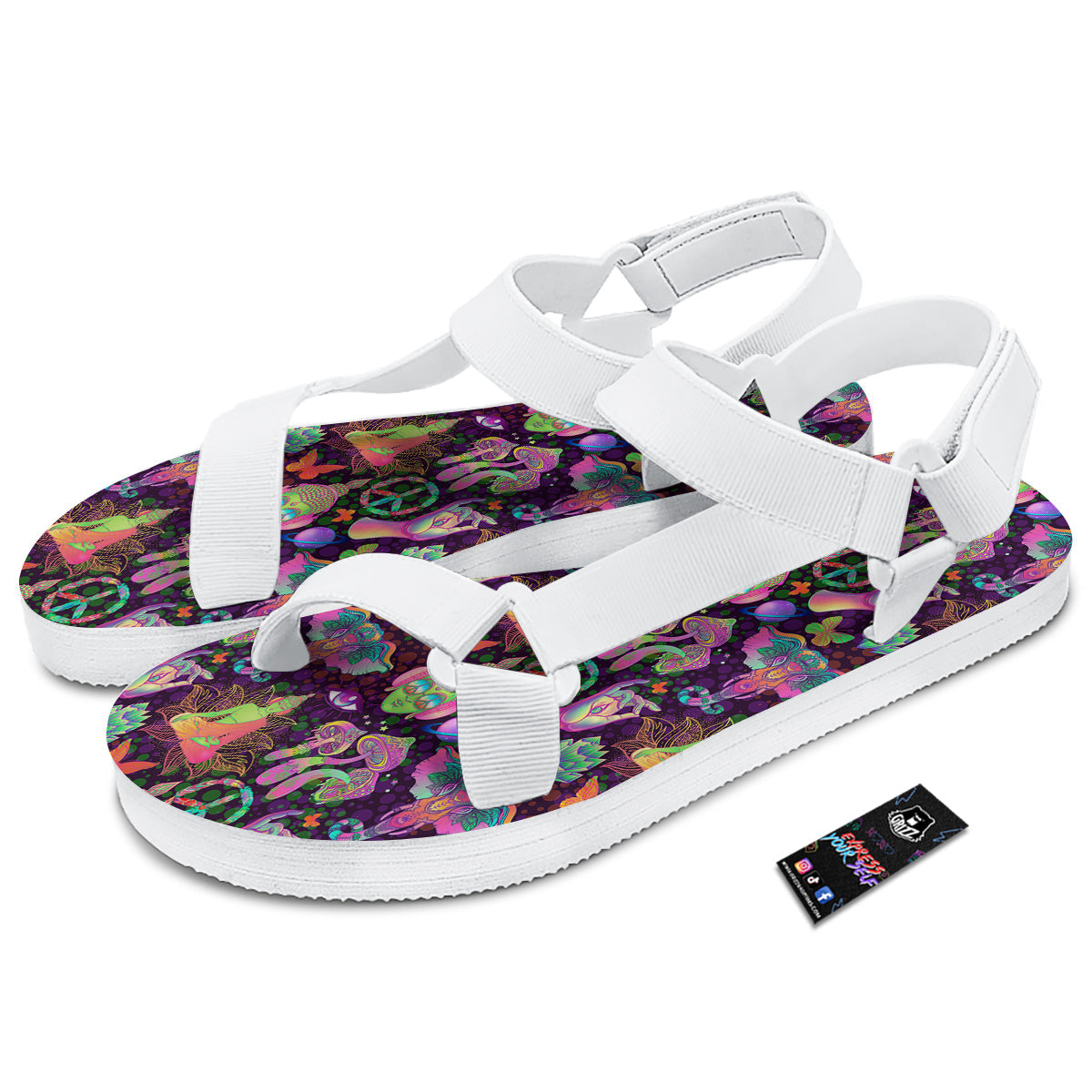 Psychedelic Trippy Drug Cartoon Print Pattern White Open Toe Sandals-grizzshop