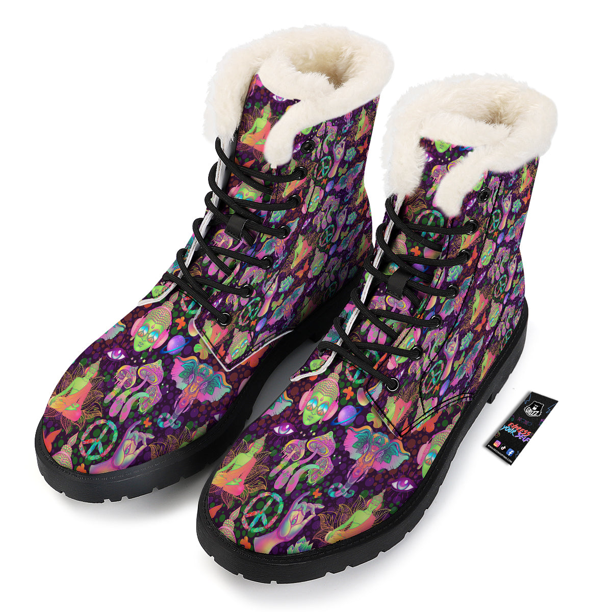 Psychedelic Trippy Drug Cartoon Print Pattern Winter Boots-grizzshop