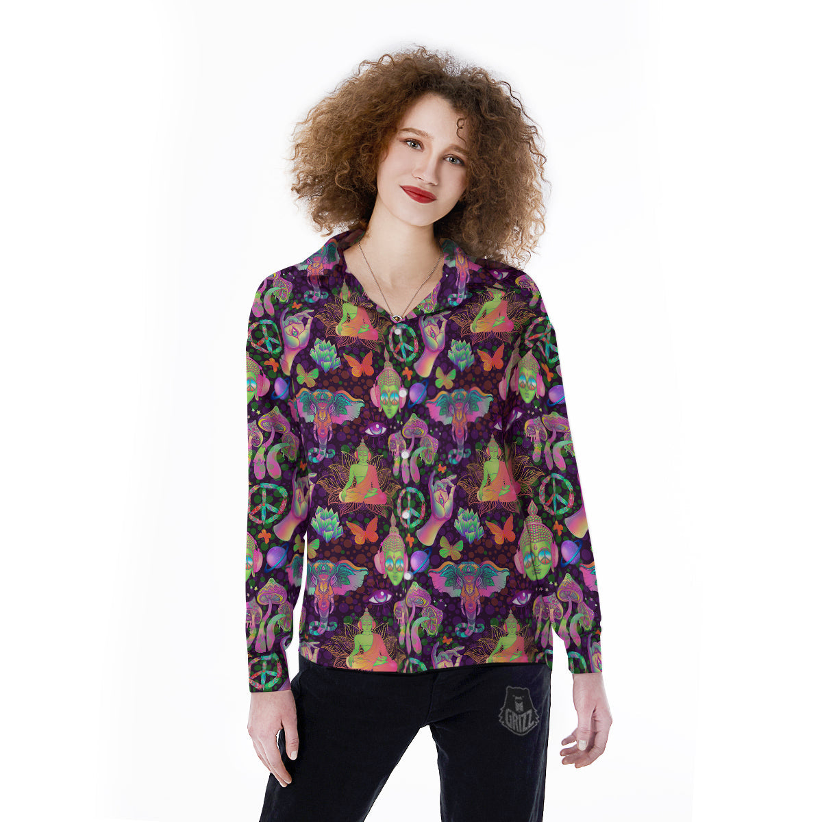Psychedelic Trippy Drug Cartoon Print Pattern Women's Long Sleeve Shirts-grizzshop