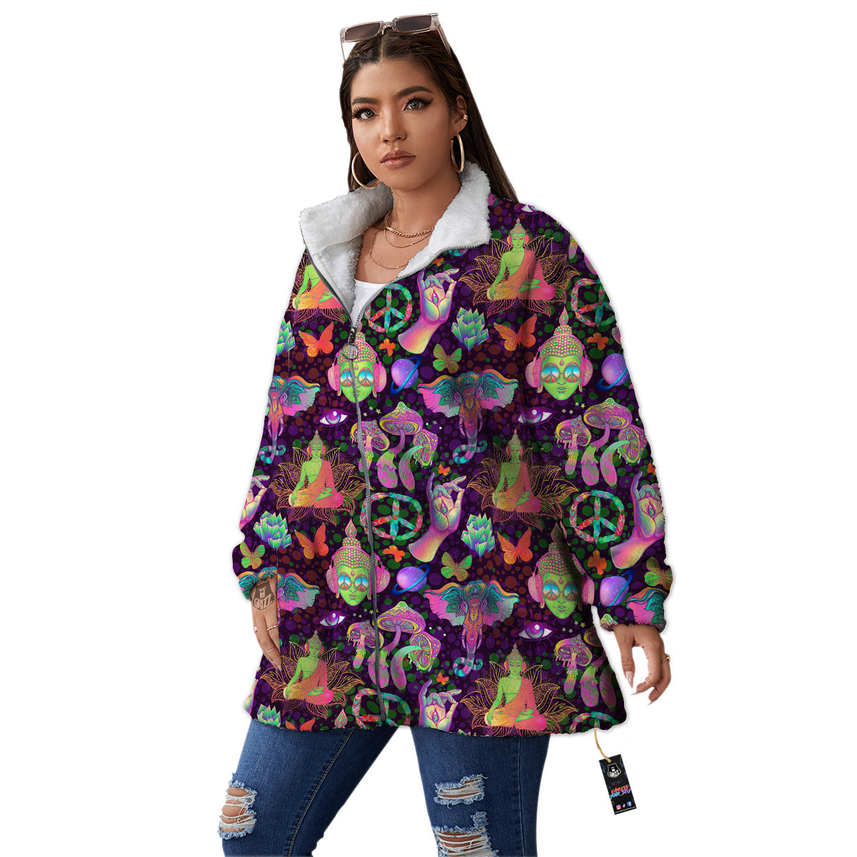 Psychedelic Trippy Drug Cartoon Print Pattern Women's Sherpa Jacket-grizzshop