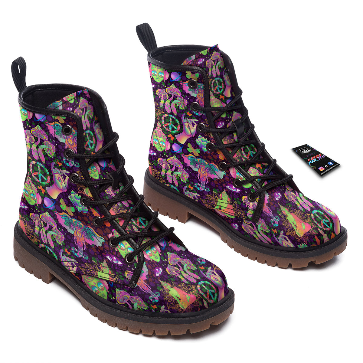 Psychedelic Trippy Drug Cartoon Print Pattern Work Boots-grizzshop