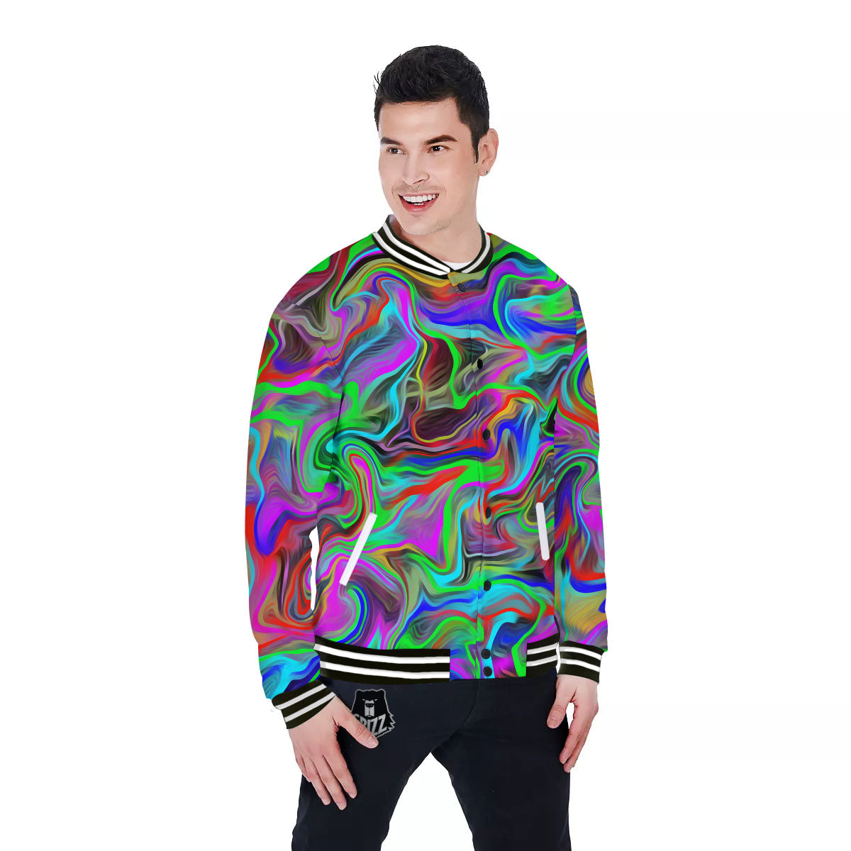 Psychedelic Trippy Neon Green Print Baseball Jacket-grizzshop