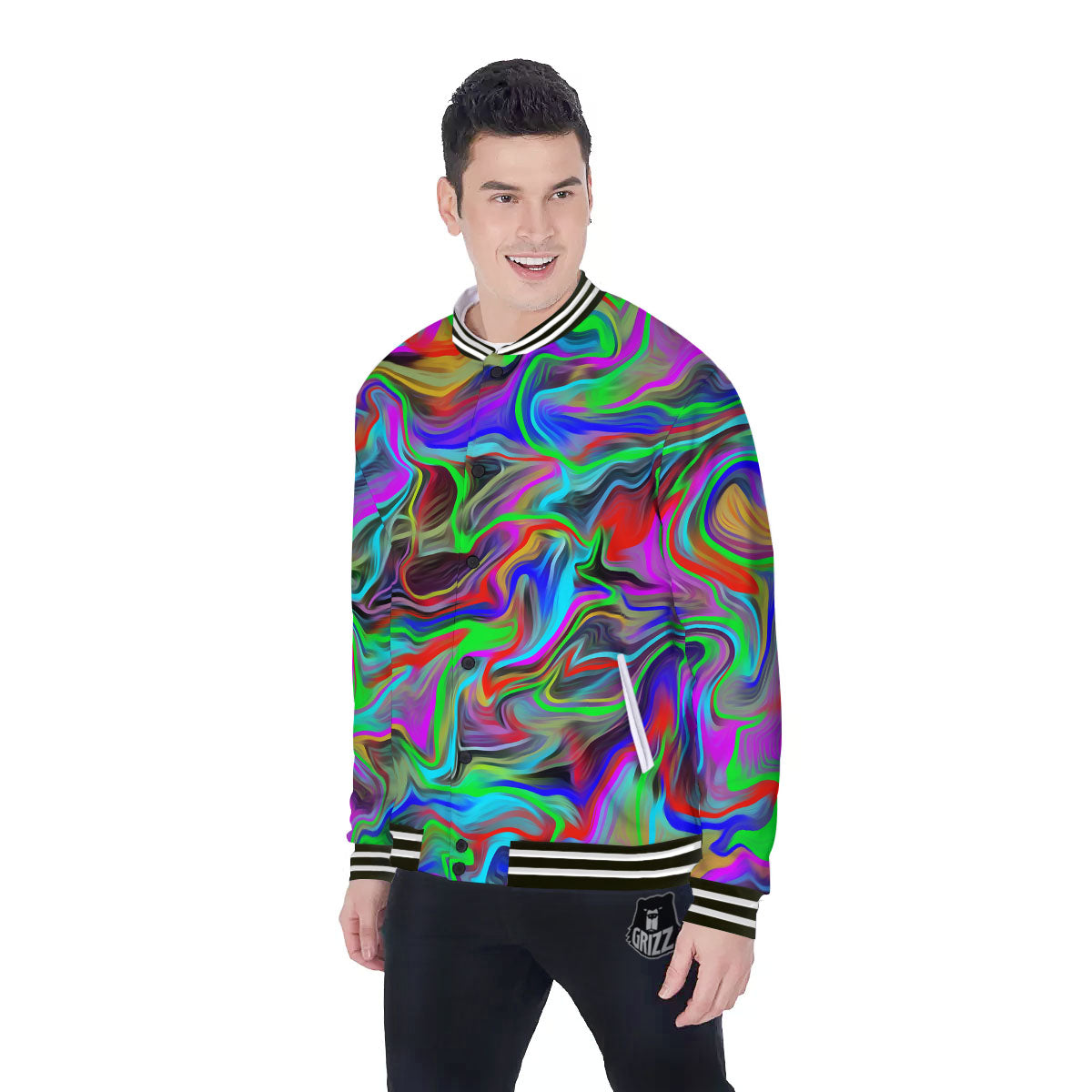 Psychedelic Trippy Neon Green Print Baseball Jacket-grizzshop