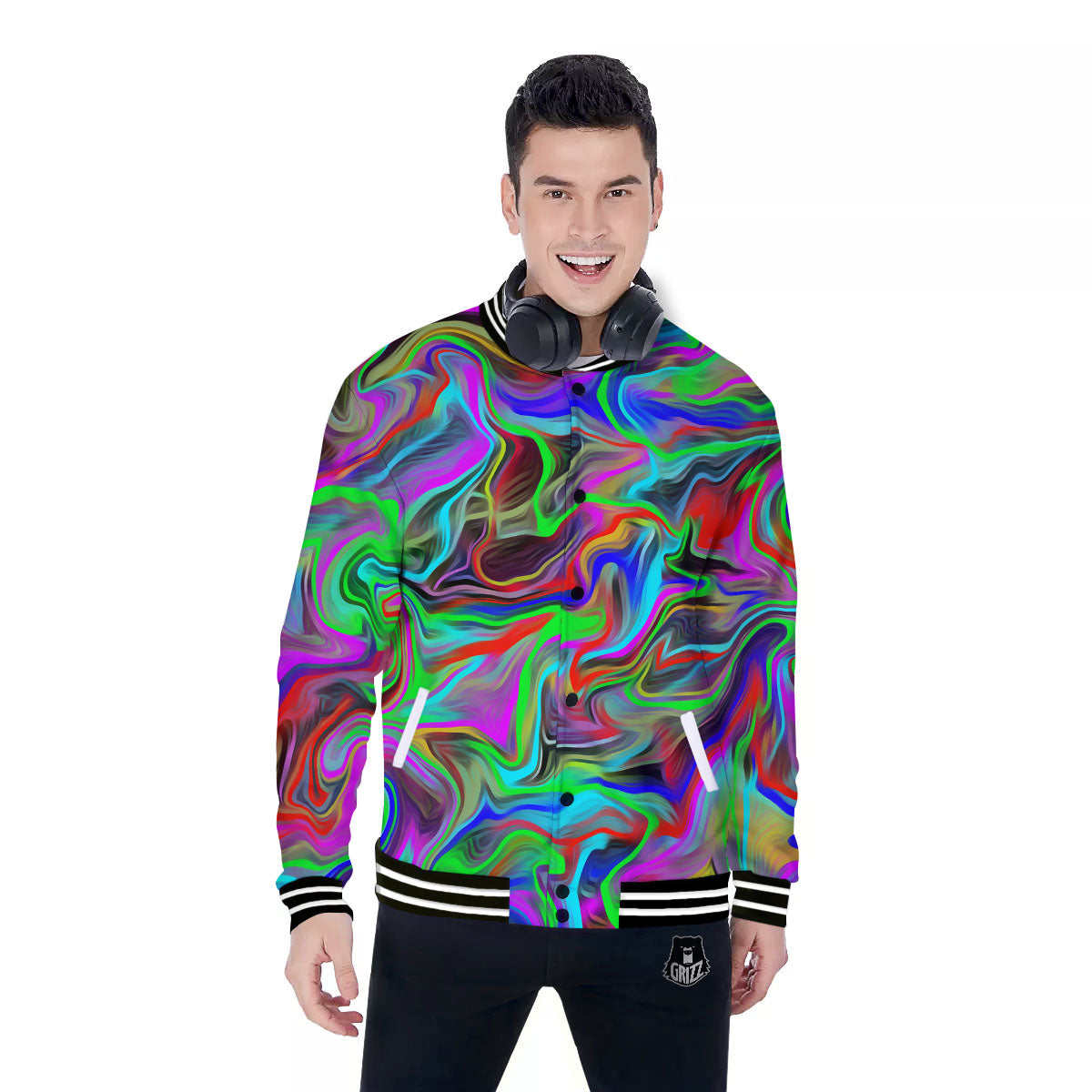 Psychedelic Trippy Neon Green Print Baseball Jacket-grizzshop