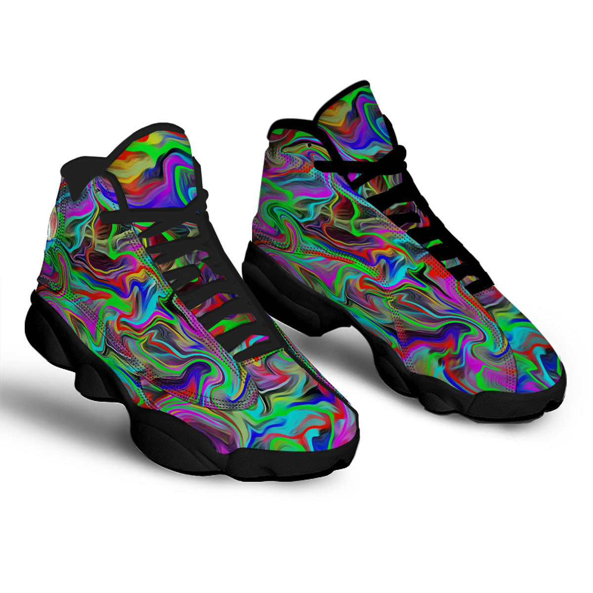 Psychedelic Trippy Neon Green Print Black Basketball Shoes-grizzshop