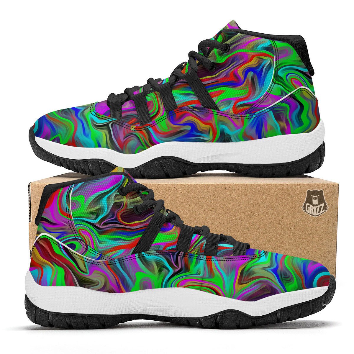 Psychedelic Trippy Neon Green Print Black Bball Shoes-grizzshop