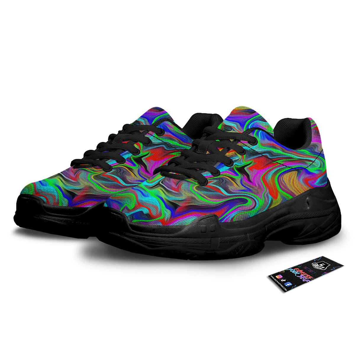 Psychedelic Trippy Neon Green Print Black Chunky Shoes-grizzshop