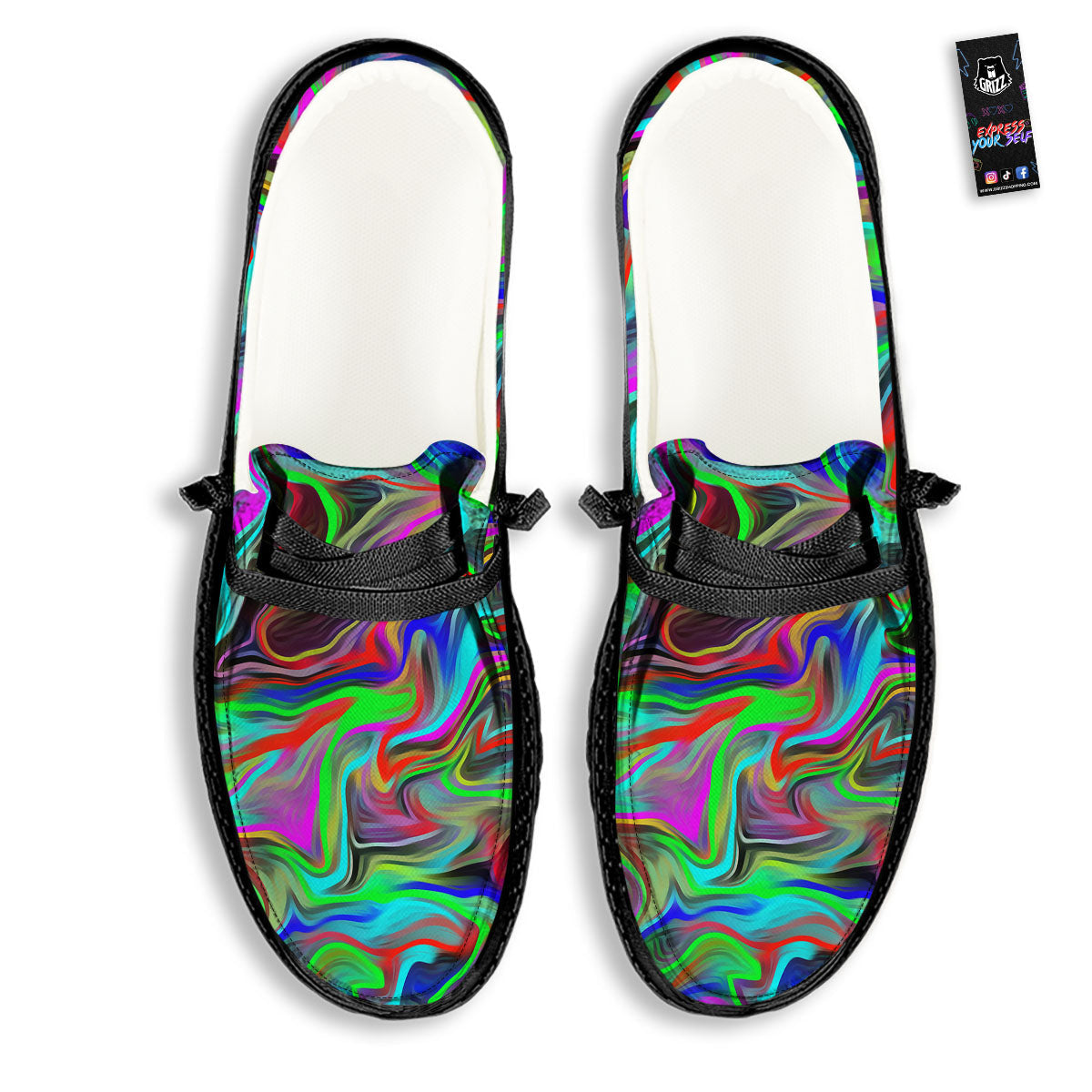 Psychedelic Trippy Neon Green Print Black Loafers-grizzshop