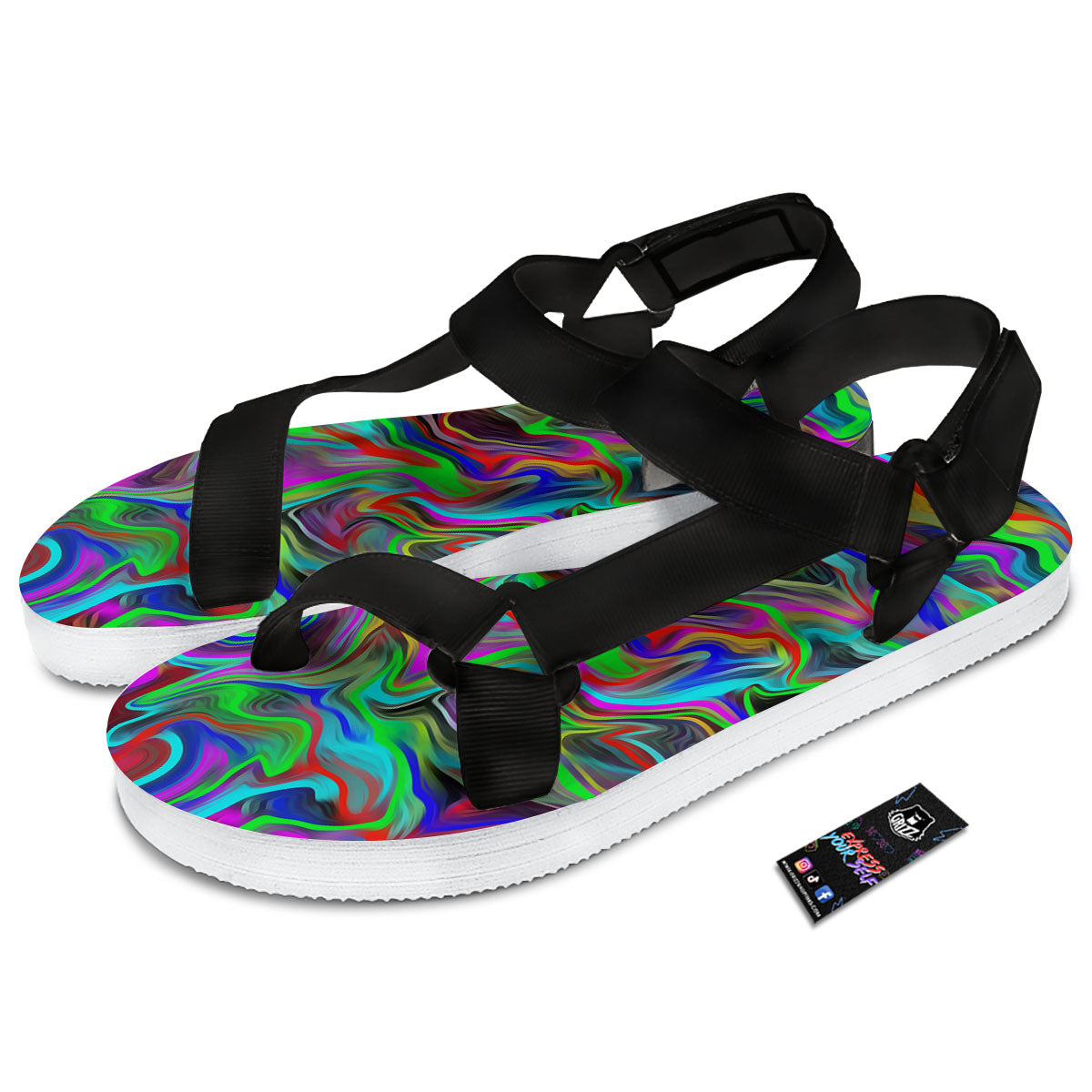 Psychedelic Trippy Neon Green Print Black Open Toe Sandals-grizzshop