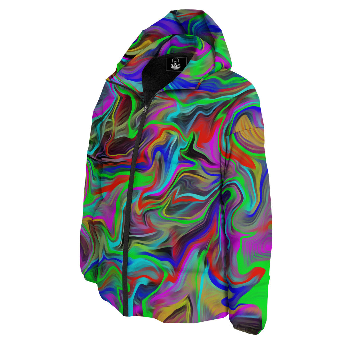 Psychedelic Trippy Neon Green Print Down Jacket-grizzshop