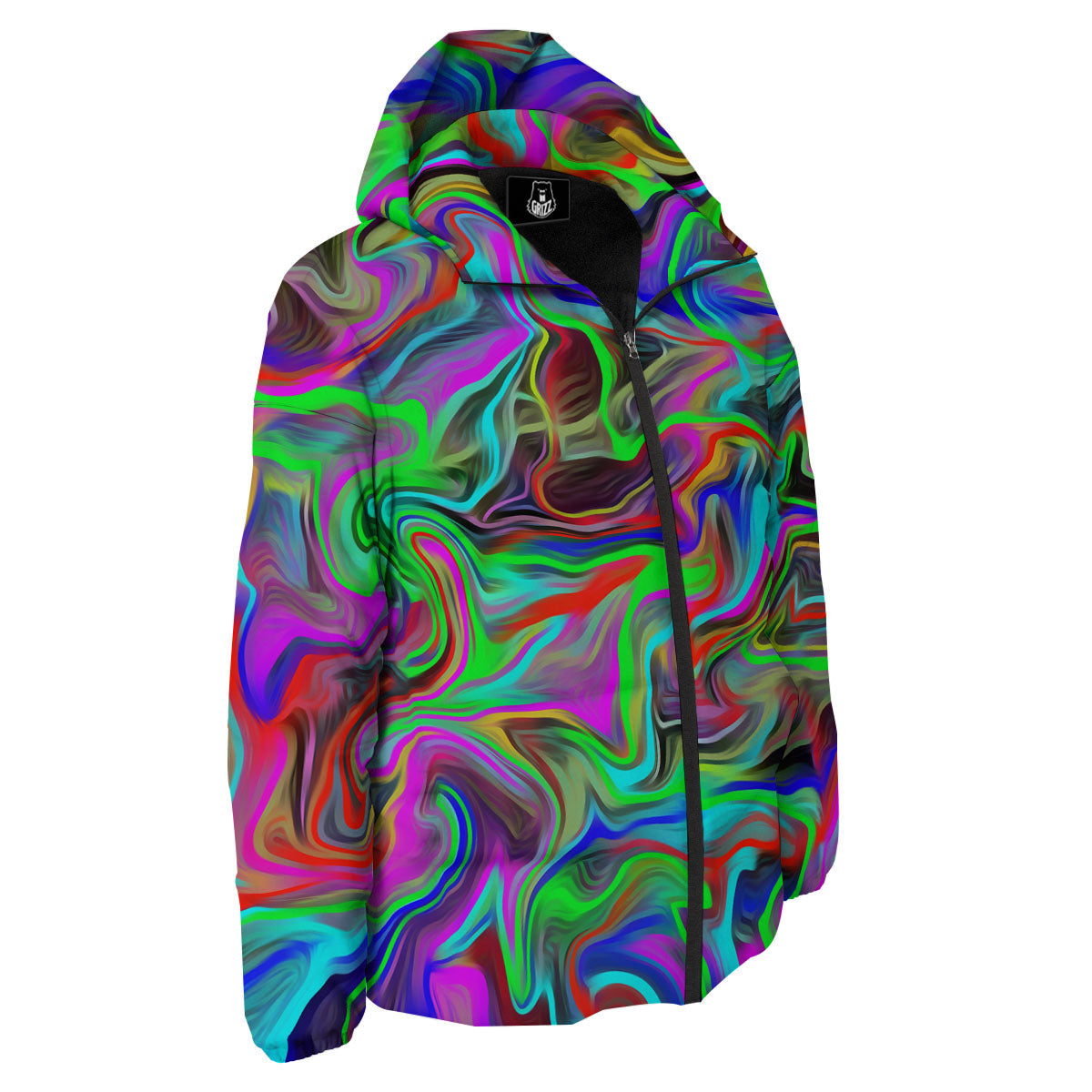 Psychedelic Trippy Neon Green Print Down Jacket-grizzshop