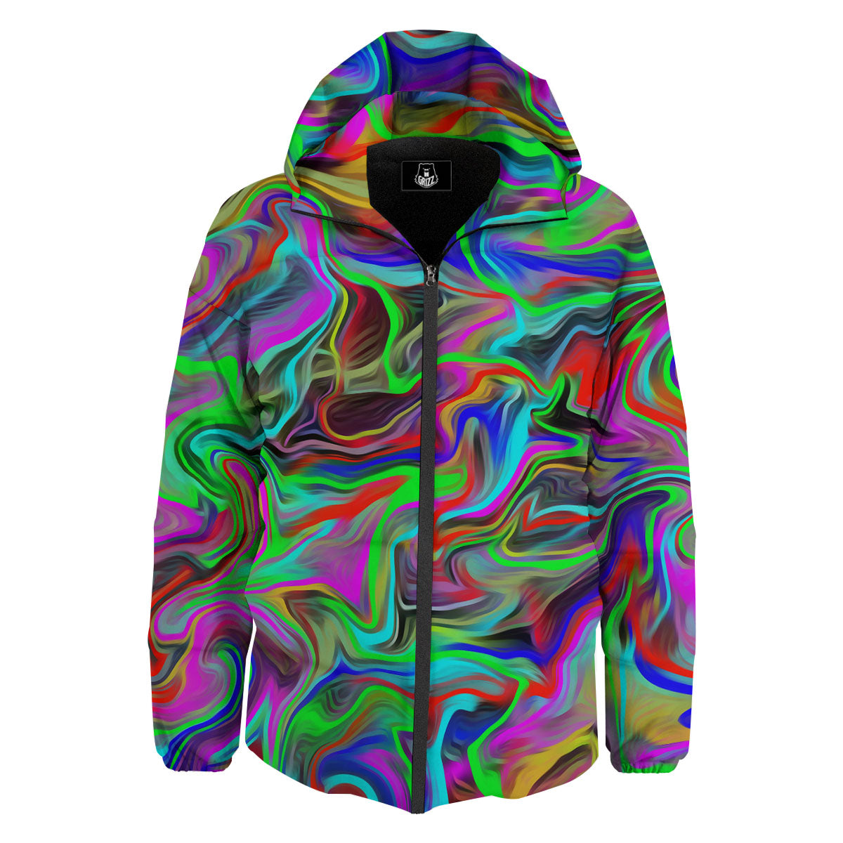 Psychedelic Trippy Neon Green Print Down Jacket-grizzshop
