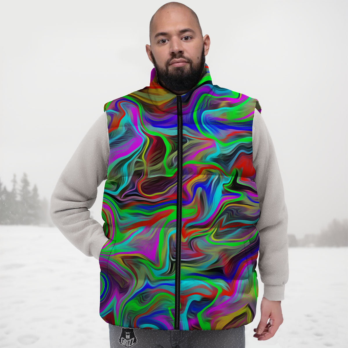Psychedelic Trippy Neon Green Print Down Vest