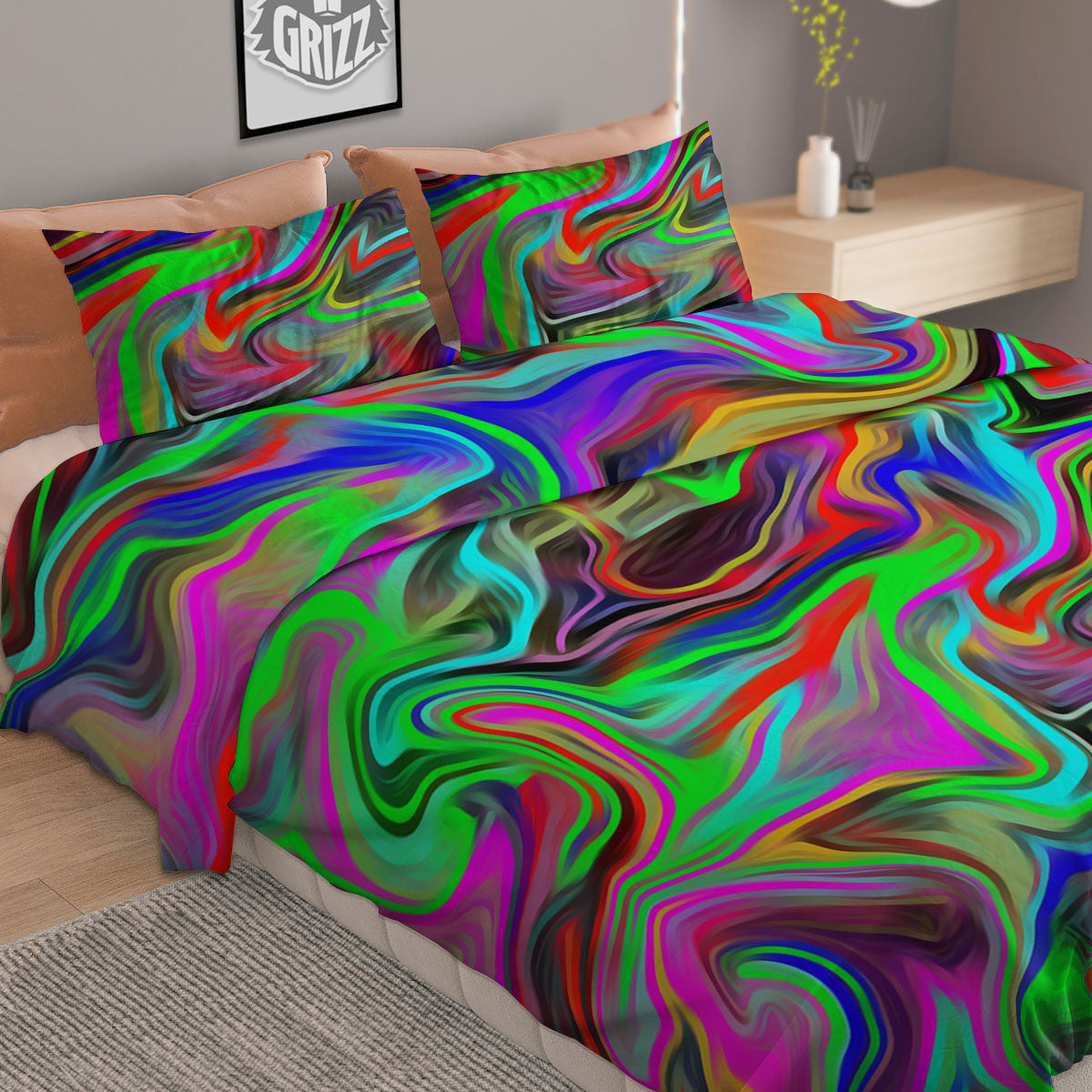 Psychedelic Trippy Neon Green Print Duvet Cover Bedding Set